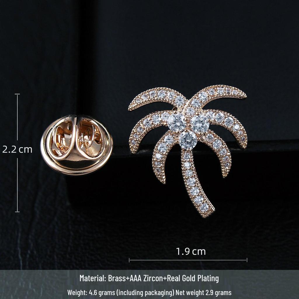 Men's Personalized Coconut Tree Brooch: High-End Zirconia Lapel Pin & Anti-Exposure Button for Women's Shirts