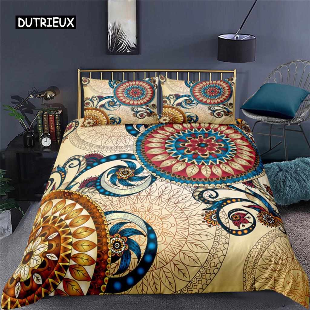 Ethnic Bohemian Mandala Duvet Cover King Queen European Flowers Vintage Bedding Set Geometric Retro Style Polyester Quilt Cover