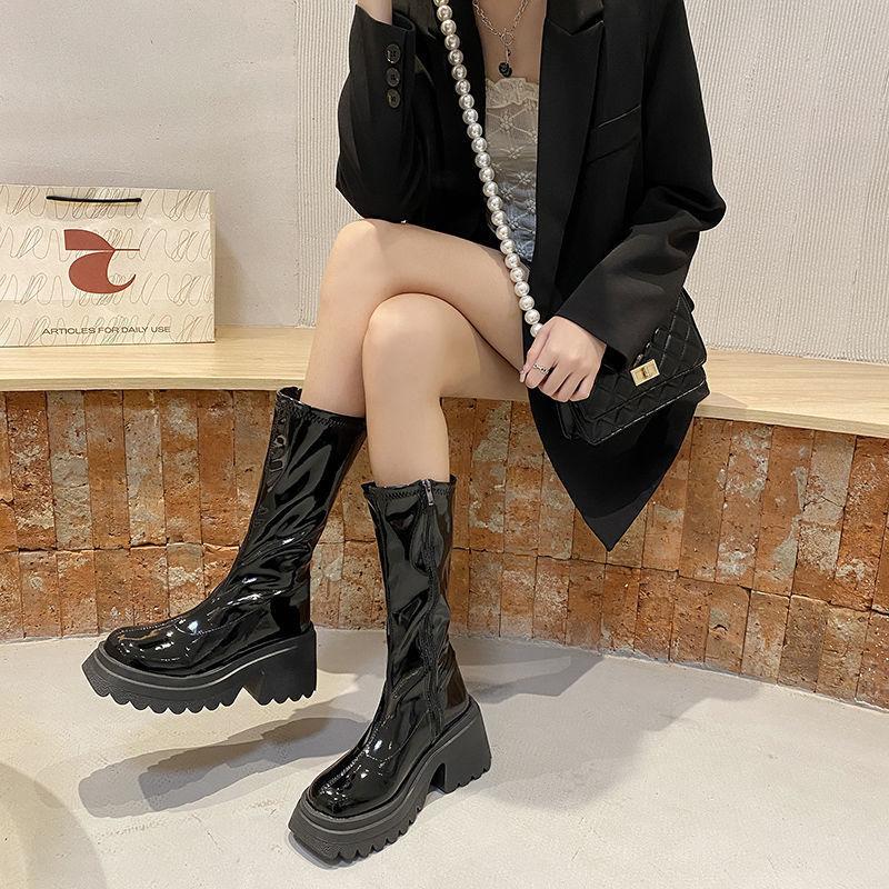 Small British style heightening elastic boots women's autumn and winter new muffin thick-soled knee boots tall thin knight boots