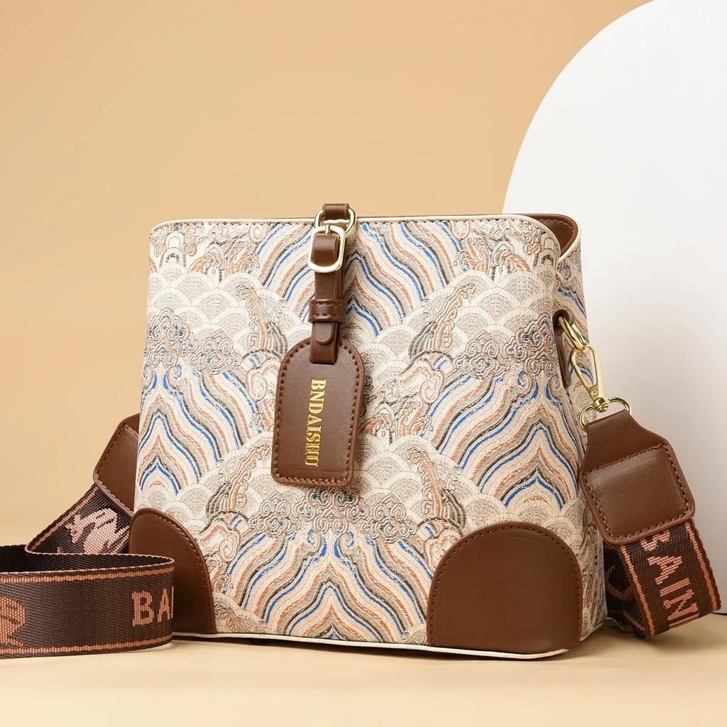 Women's PU Leather Bucket Bags Shoulder Bags for Ladies Large Crossbody Bags Wide Strap Fashion Embroidery High Quality