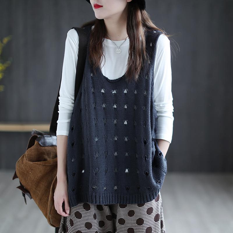 

Spring/Summer Hollow Knitted Sweater Vest for Women Loose Casual Sleeveless Knitted Vest for Women S Темно-синій