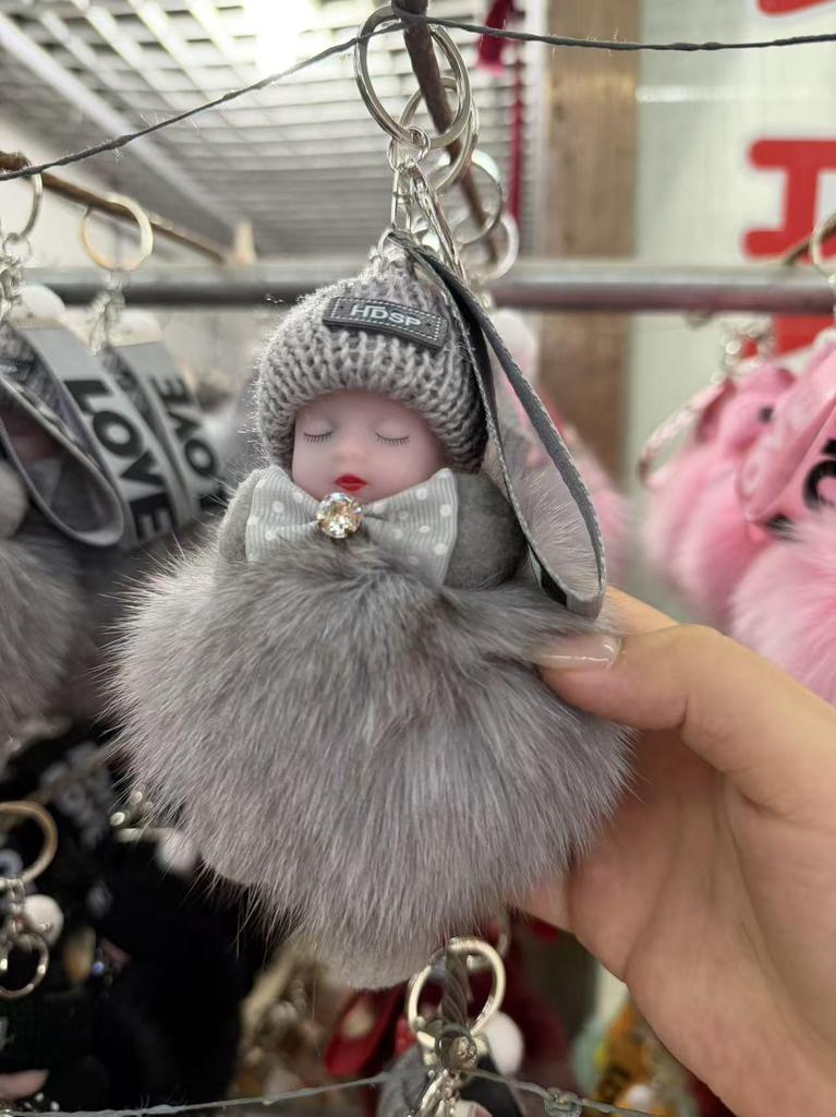 Authentic Fox Fur Pompon Keychain: Cute Plush Sleeping Doll Bag Charm