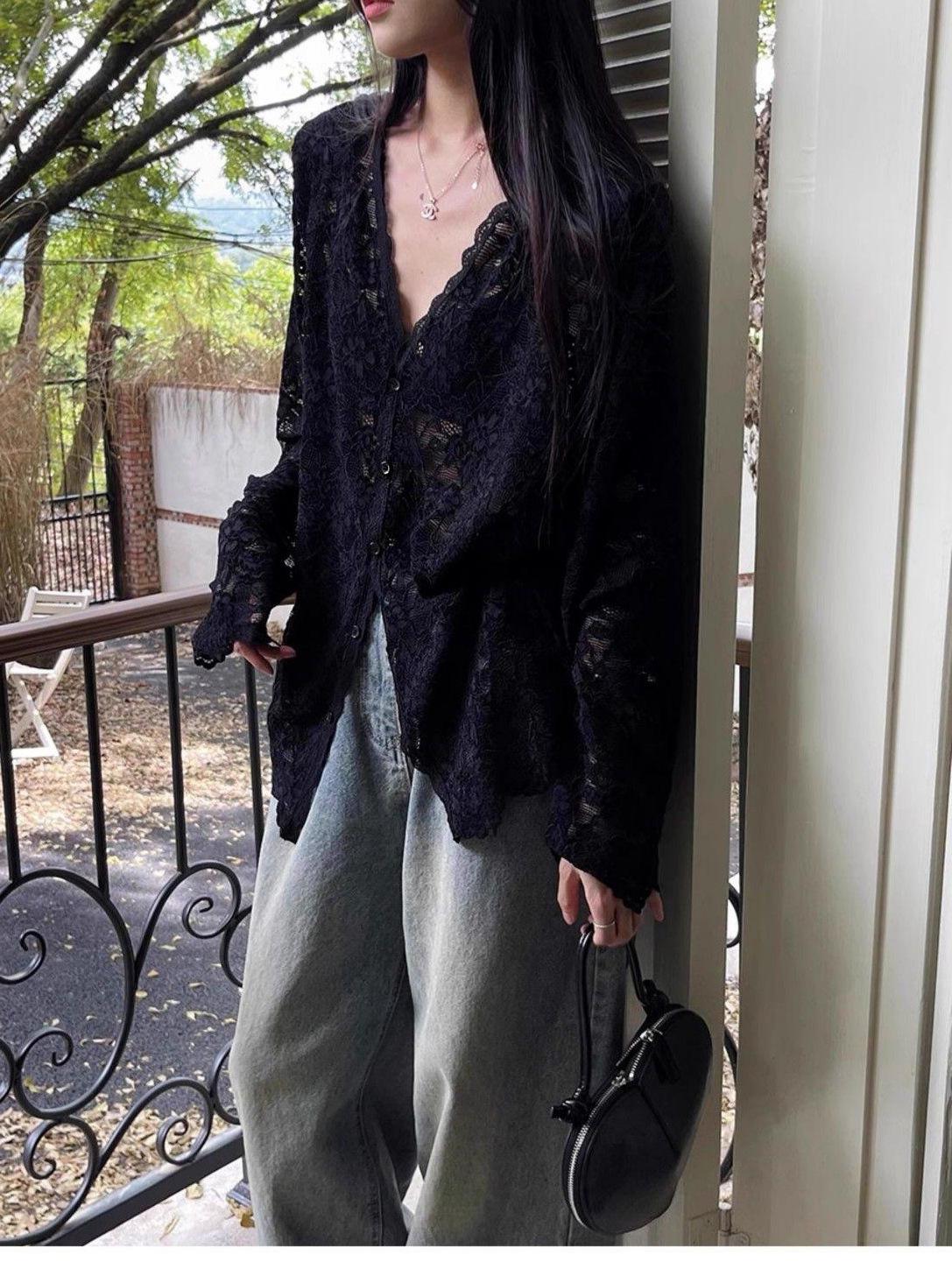 

Женский топ с длинными рукавами и кружевом, ранняя осень 2024 г. S чёрный