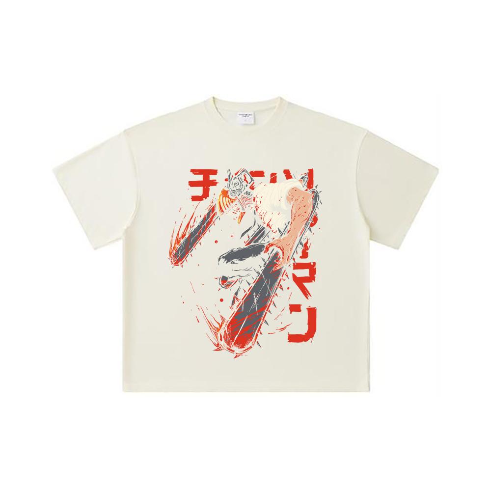 260 GSM Doppelgarn 32er Zählung 100% Baumwolle Chainsaw Man V21 Denji Druck Unisex Schweres Baumwoll-T-Shirt
