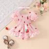 2025 Summer Newborn Ruffle Dress with Lantern Sleeves, Strawberry Butterfly Pattern, and Snap Closure.