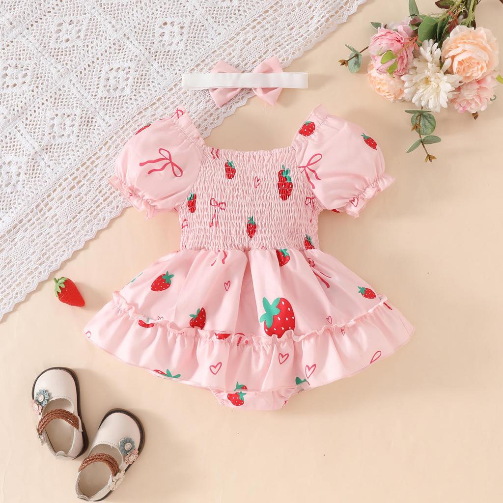 2025 Summer Newborn Ruffle Dress with Lantern Sleeves, Strawberry Butterfly Pattern, and Snap Closure.