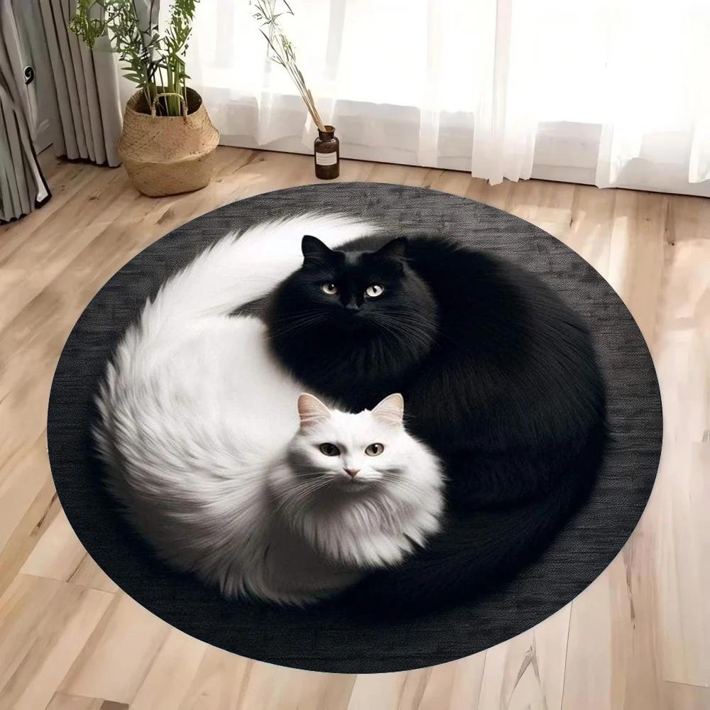 Black and White Cat Round Rug Anti-Slip Washable Carpet for Living Room Bedroom Kitchen Decor and Gift Tool Room Area Floor Mat