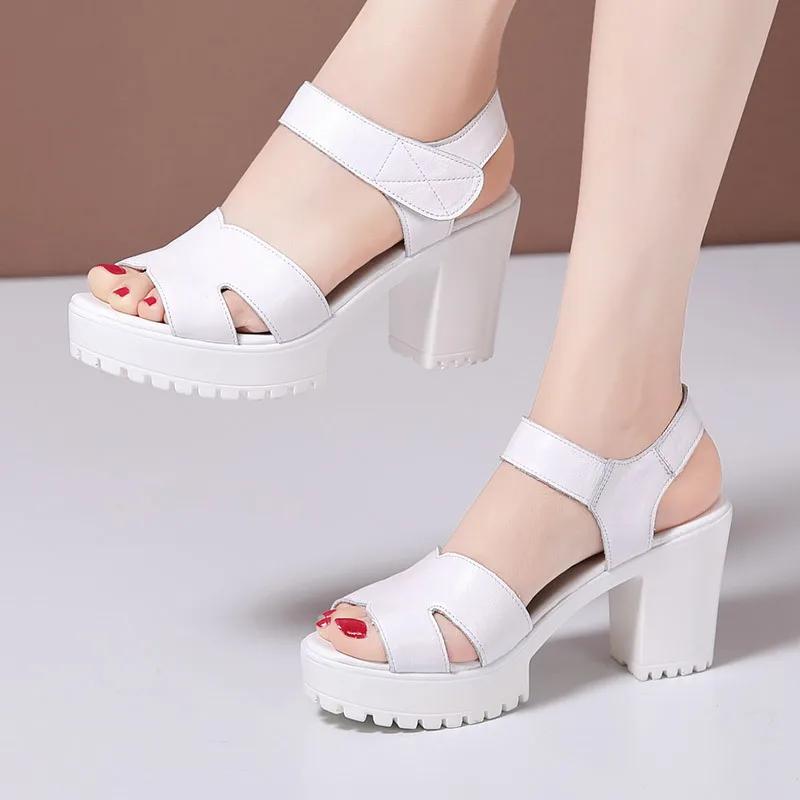 Small Size 32-43 Elegant Genuine Leather Shoes Women Summer Platform Sandals 2025 Block High Heels Sandals Women Office Mother