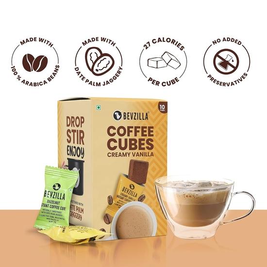 Bevzilla 10 Creamy Vanilla Flavor Instant Coffee Cubes | Made with Date Palm Jaggery & Arabica Beans | No Refined Sugar