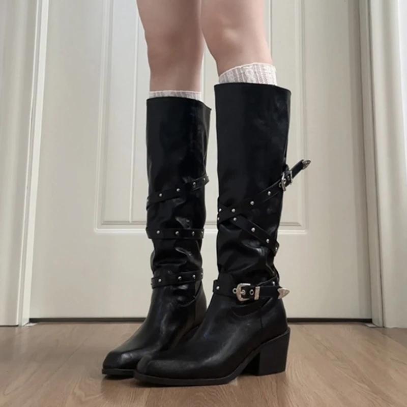 Winter Belt Buckle Women Knight High Boots Elegant Thick Heel Shoes Female Vintage Square Toe Slim Long Booties Zapatos De Muje