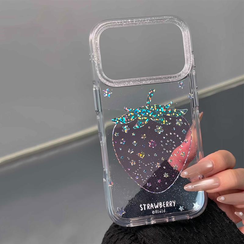 Glitter Shiny Pink Strawberry Hard Back Case For iPhone 13 14 15 16 17 Pro Max Ins Bling Stars Shockproof Phone Cover