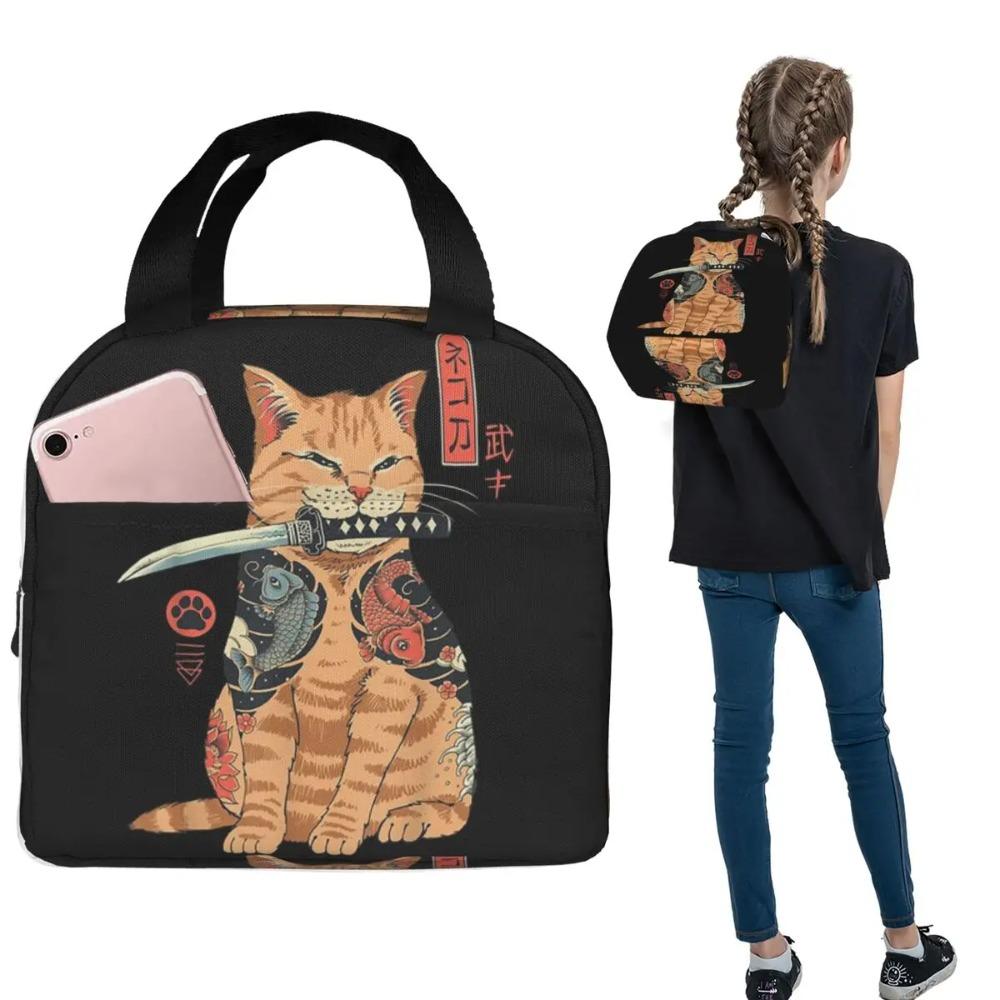 Neko Japoński Kot Shinobi Izolowana Torba na Lunch dla Kobiet Dzieci Przenośne Pojemniki na Jedzenie Termiczny Lunchbox Torba