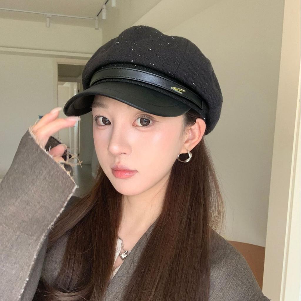 American new octagonal hat women's autumn shopping warm hat leather brim painter hat showing face small cap trendy beret