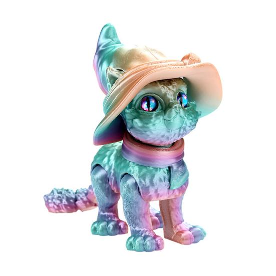3D Printed Wizard Cat Articulated Cat Ornament with Detachable Wizard Hat Interactive Desktop Pet Stress Relief Toy for Home Office Decoration