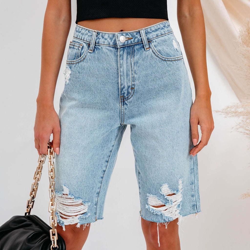 

IHUASU Летние городские повседневные женские джинсовые брюки прямого покроя с рваными краями XXL джинсовый синий