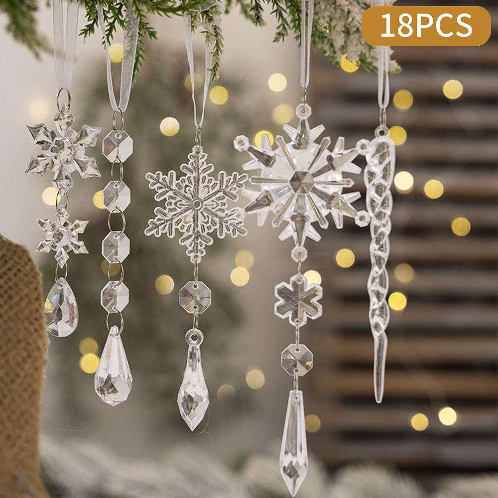 18pcs Christmas Tree Decoration Crystal Ornaments Hanging Acrylic Snowflake Drop Ornaments for Christmas Tree Winter New Year Pa