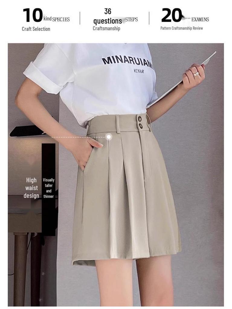 2025 Petite Plus Size Summer Suit: High-Waist A-Line Midi Skirt & Wide-Leg Five-Point Pants