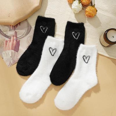 Women's Autumn and Winter Mid Calf Thickened Warm Mink Velvet Pile Socks Solid Color Embroidered Home Boot Socks Socks EMA