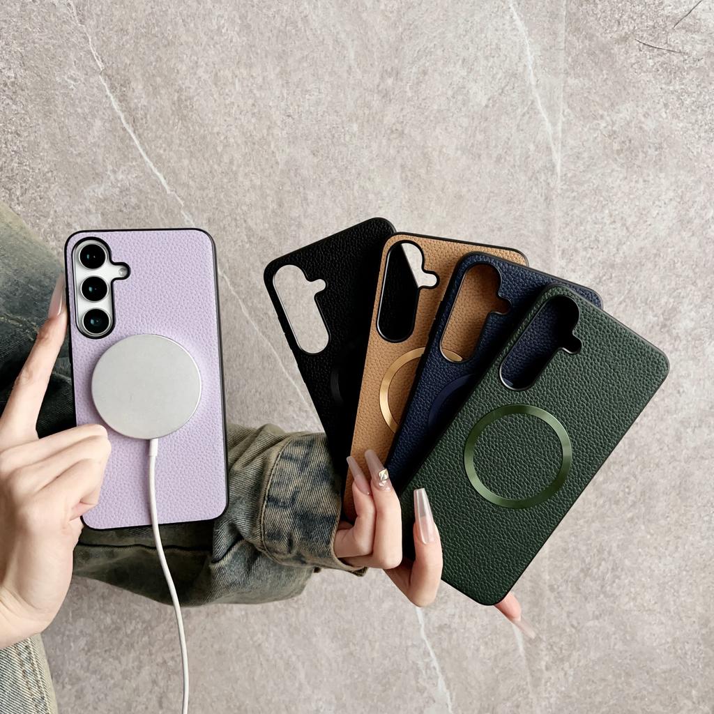 For Samsung Galaxy S25+ Case Compatible with MagSafe PU Leather+TPU Phone Back Cover