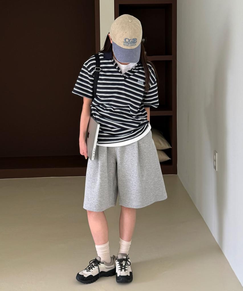 CGP (Women) Oversized Striped Short Sleeve Collared T-Shirt - Dark Navy