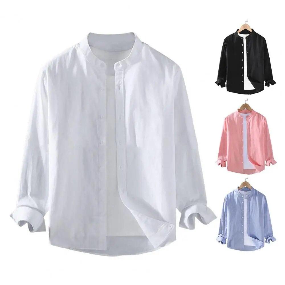 Men Spring Shirt Single-breasted Stand Collar Cardigan Shirt Long Sleeevs Loose Oversized Mid Length Men Fall Top