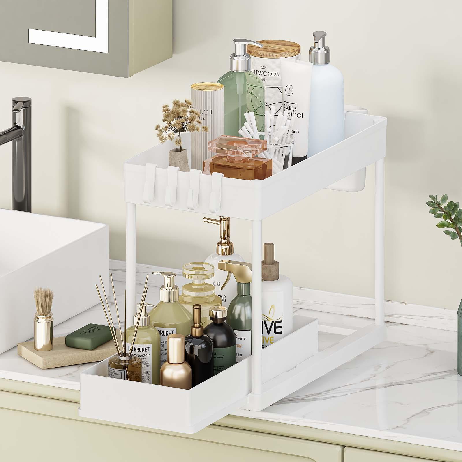 

2-Layer Under Sink Organizer - Pull Out Drawer Storage Rack for Kitchen & Bathroom Countertop Cleaning Supplies Holder White