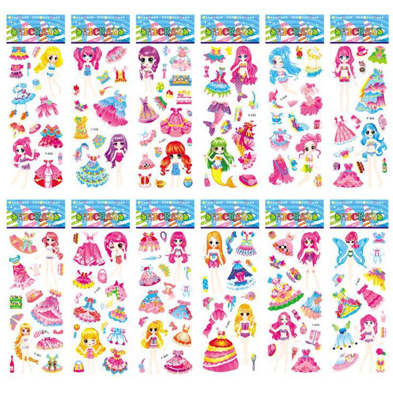 12 Blätter/Set 3D Blasen Anzieh-Mädchen-Sticker Cartoon Kleiderwechsel DIY Kawaii Sticker Lernspielzeug für Kinder Mädchen Geschenk