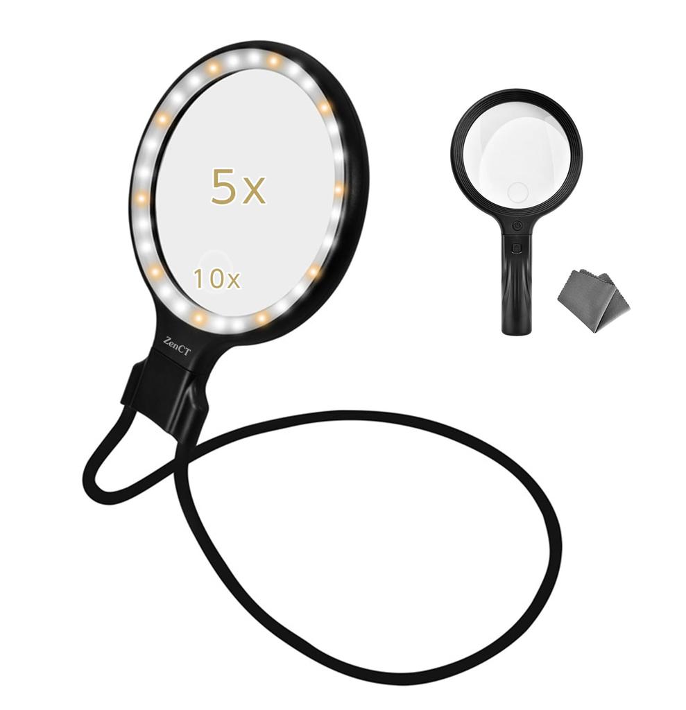 ZenCT Magnifying Glass, Neck Strap & Handheld, 5x & 10x Magnification, 13.2cm Diameter, Type-C Rechargeable, 30 LED Lights, 3 Color Temperatures, 2