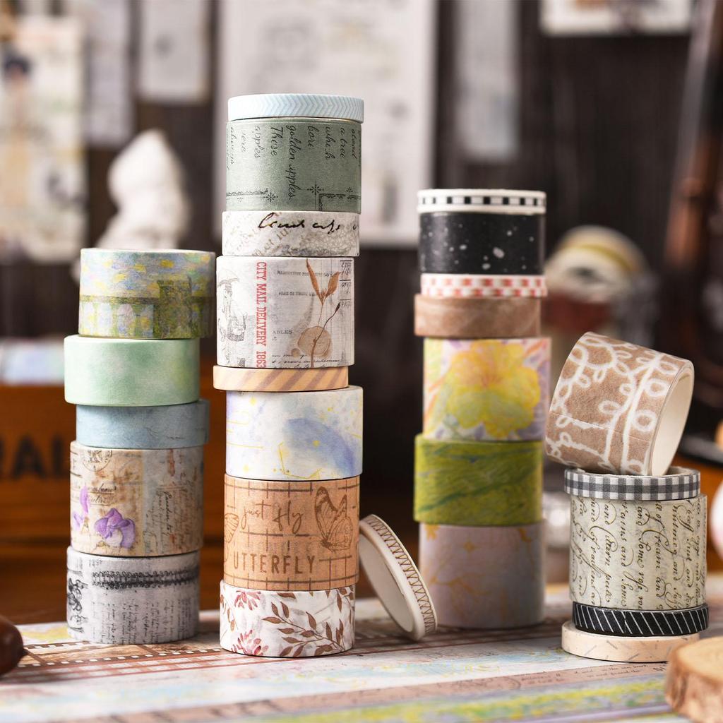 20pcs Vintage Imprint Washi Tape Set Retro Style Letters Art Adhesive Masking Tape Stickers for Album Diary Decoration