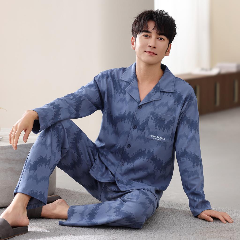 Pure Cotton Pajamas Men'S Spring And Autumn Long-Sleeved Trousers Set Autumn And Winter Thin Large-Size Cardigan Loungewear