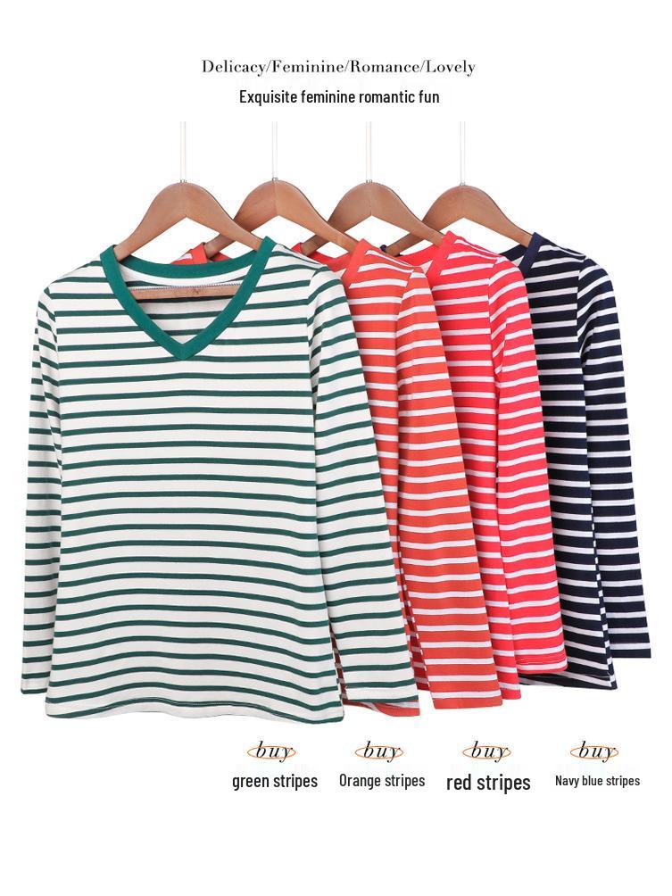 2025 Korejský styl Pruhovaný V-výstřih Dlouhý rukáv Dámský volný top na jaro a podzim