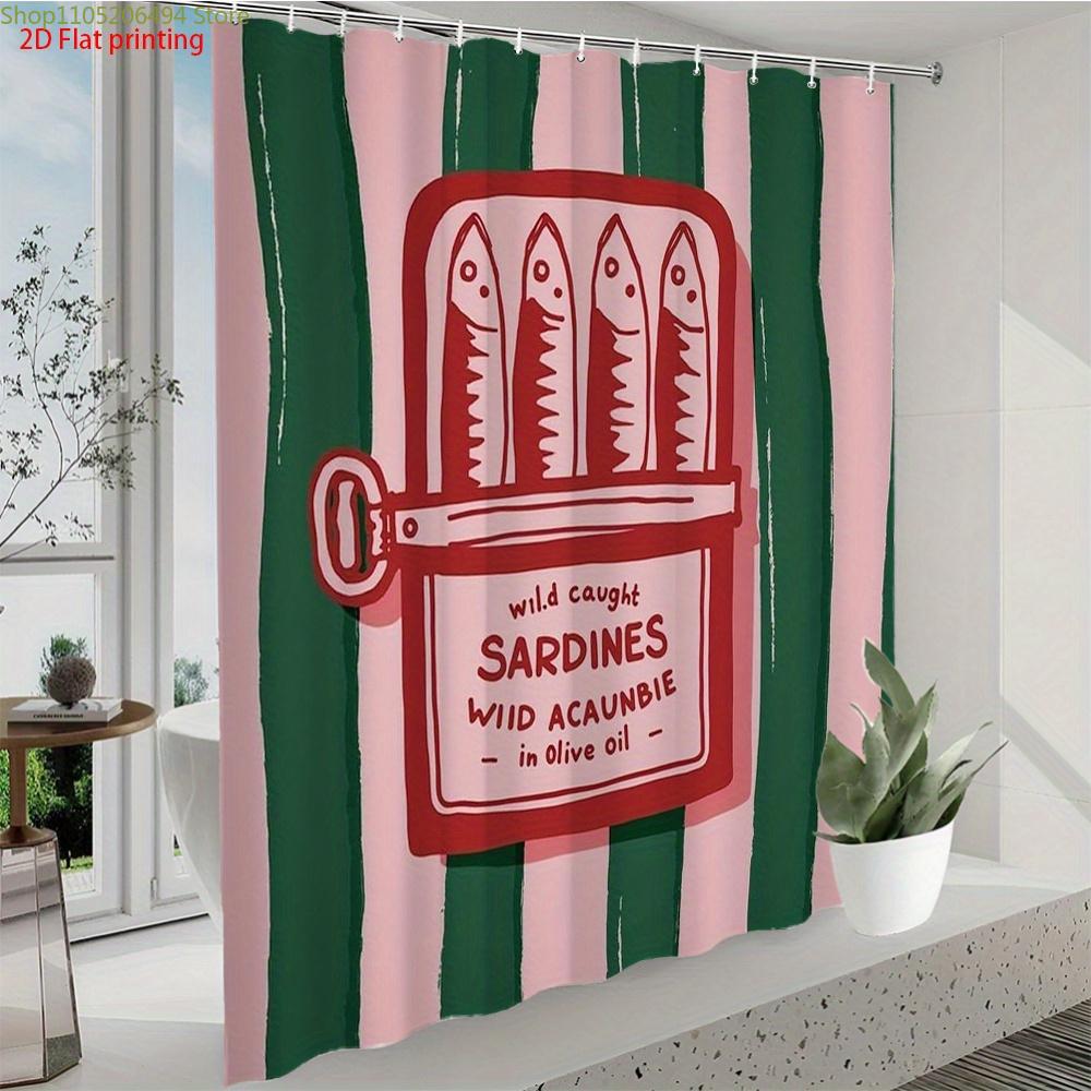 2D flat printing-1pc Sardine Cartoon Style Shower Curtain with Green Stripes and Pink Background,, Suitable for Windows and Wa