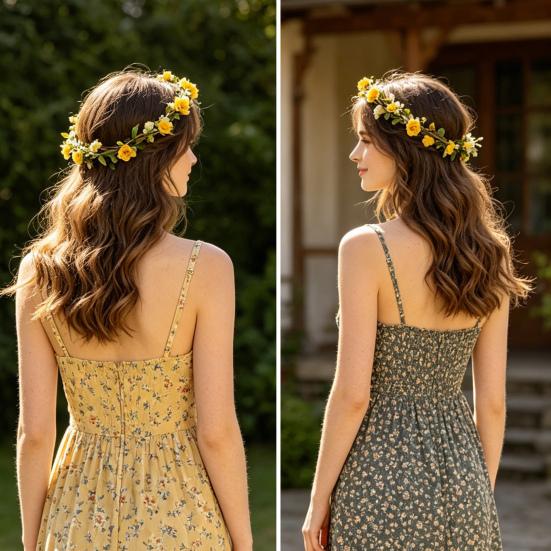 Couronne de Fleurs Roses avec Liane de Cheveux Bandeau Floral Bohème Couronne Florale Hawaïenne Couronne Florale de Fête pour Mariage Photos de Vacances à la Plage