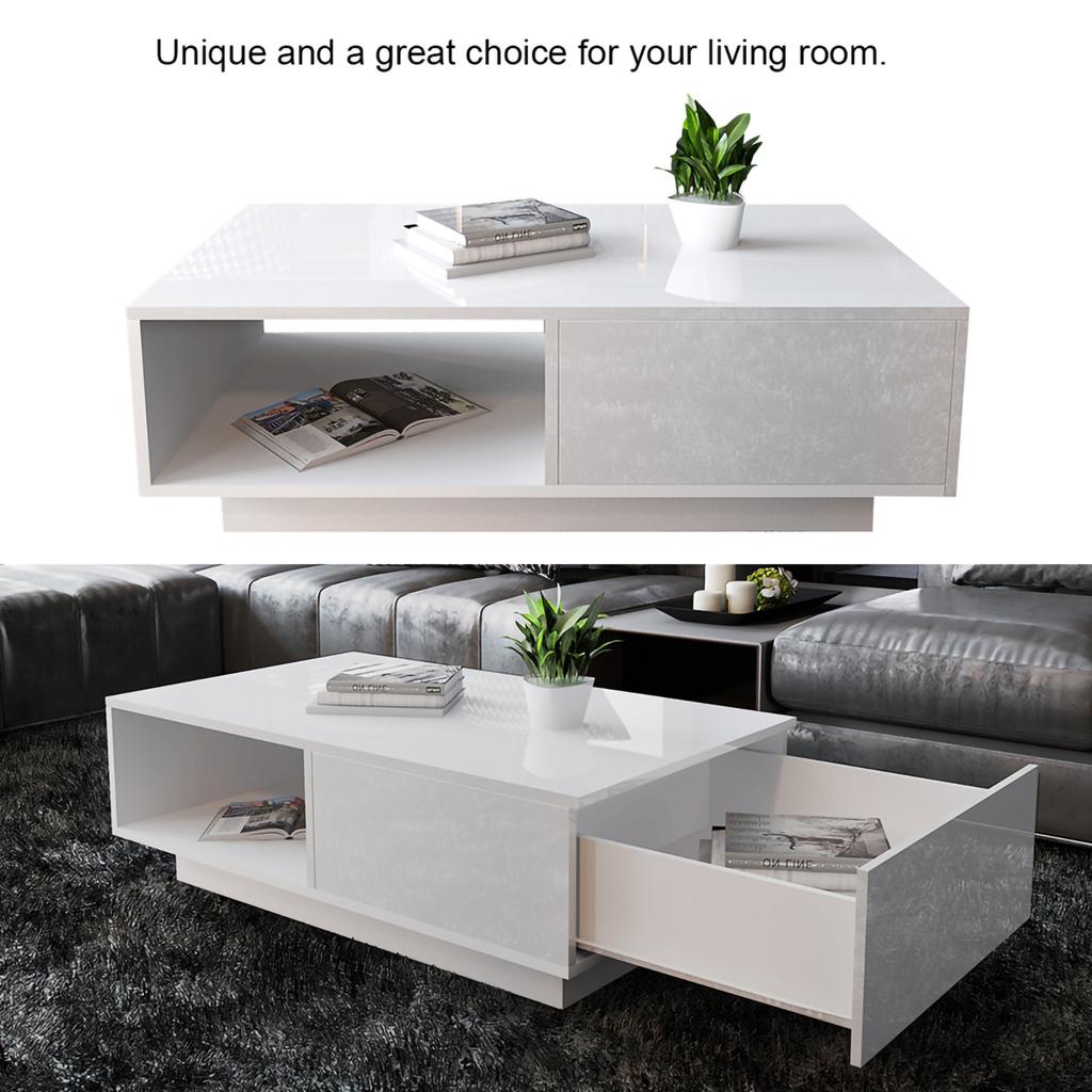 Modern Rectangular Coffee Table Tea Table Storage Living Room(White)