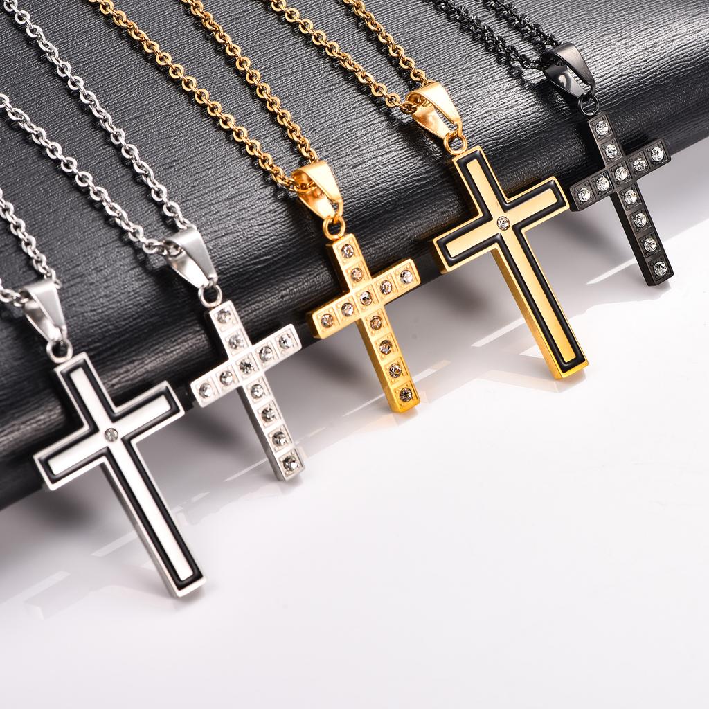 Stainless Steel Zirconia Cross Necklace Pendant for Women Men Religious Charm Chain Christian Faith Prayer Metal Jewelry