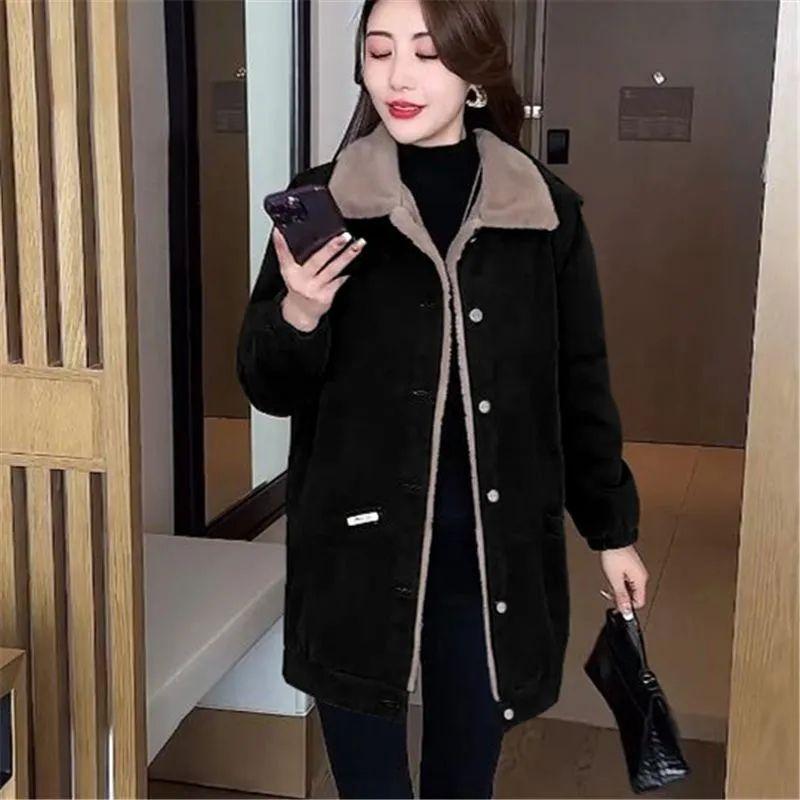Fleece Lined Jacket Women's Winter Loose Coat Mid-Length Jacket for Mature Women