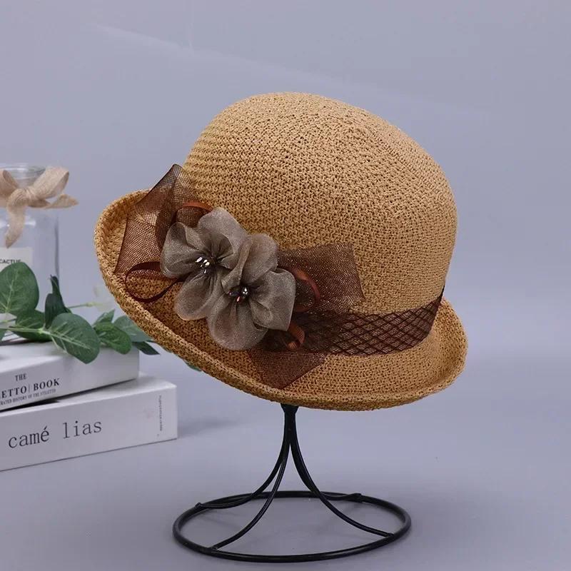 Fashion Elegant Version Women Summer New Knitted Breathable Flower Fisherman Hat Sunshade Sunscreen Curly Edge Short-brimmed Hat