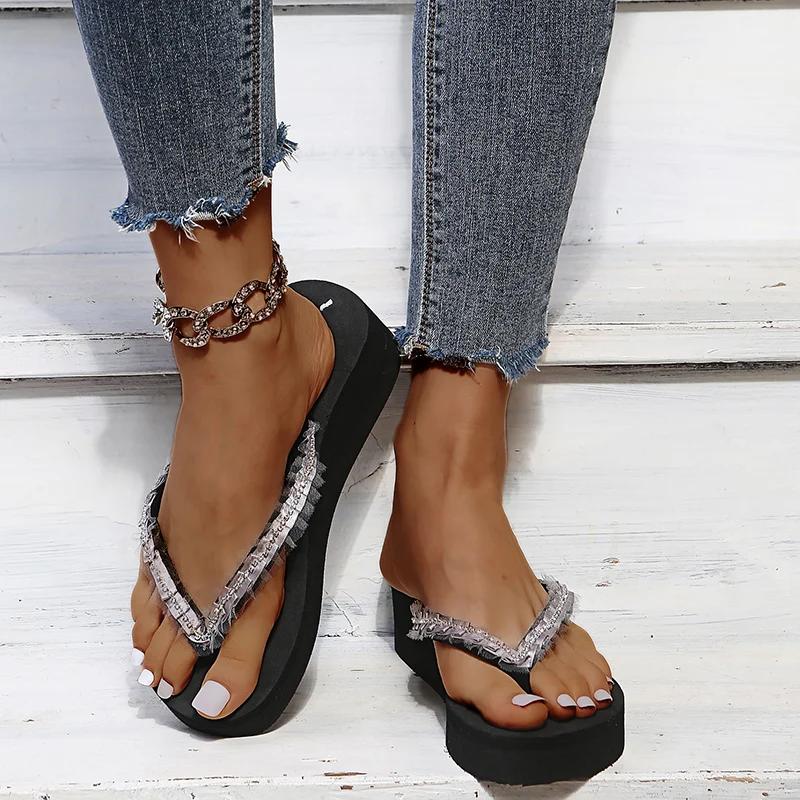 Mode Mode Spitze Strass Dekor Flip Flops für Damen Neu Dicke Sohle Keilsandalen Frau Ausgehen Slipper Anti-Rutsch Hausschuhe Mujer