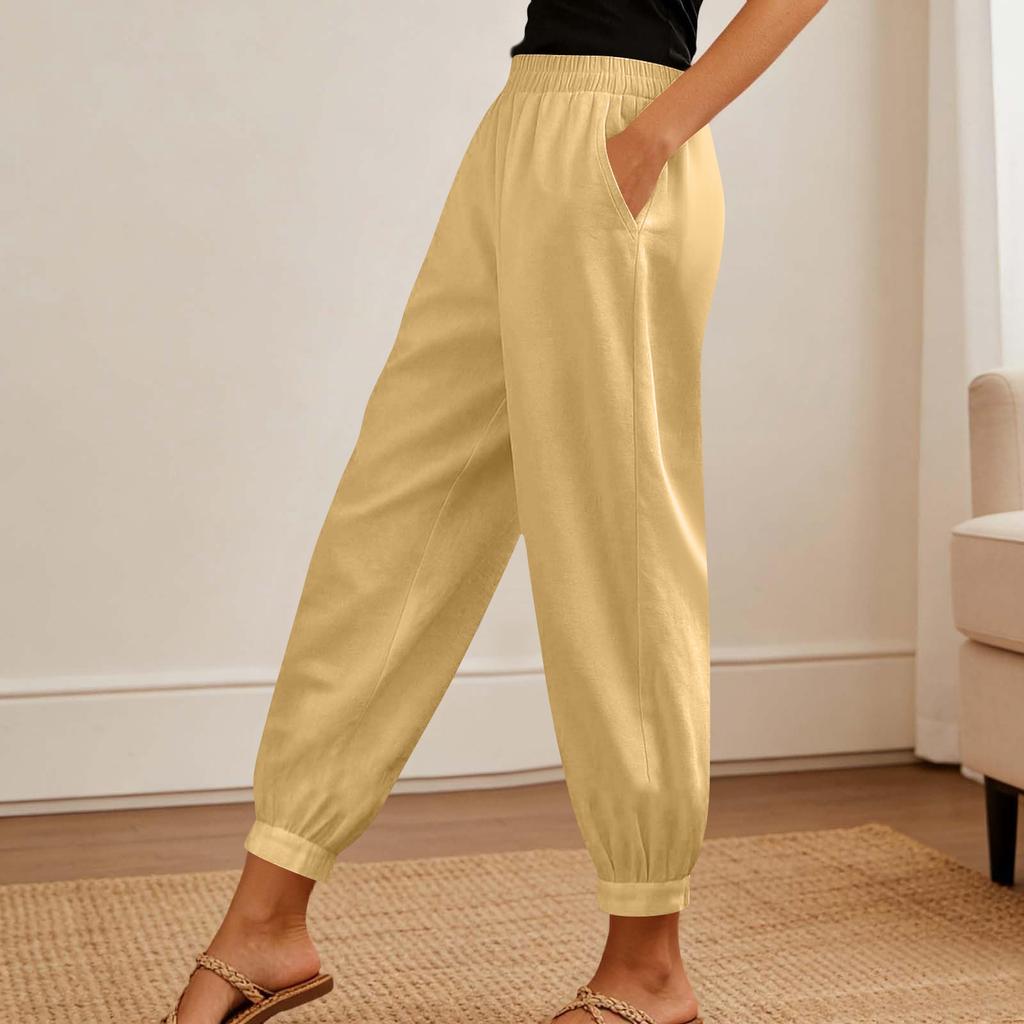 Women's Fashionable Color High Waisted Pocket Cotton Linen Daily Casual Pants