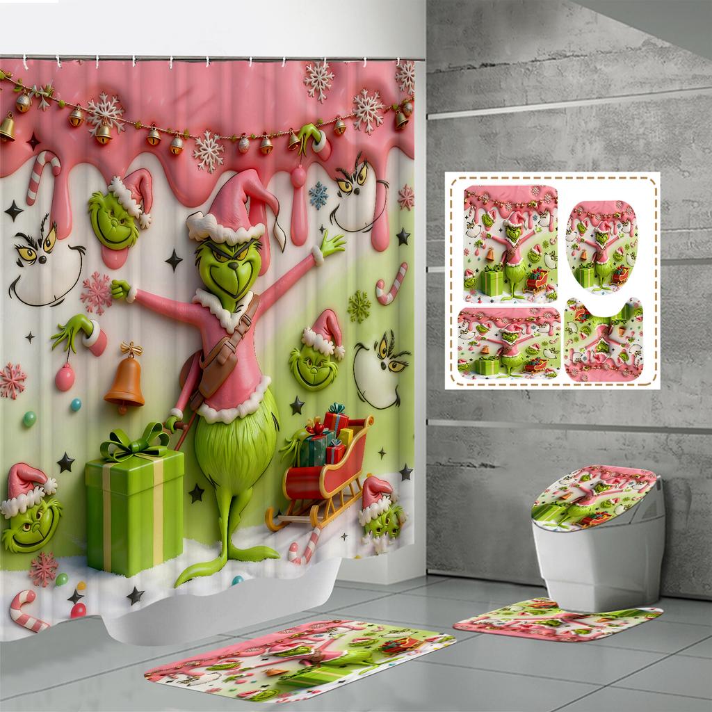 4PCS Shower Curtain Sets With Shower Curtain And Rugs Toilet Lid Rug U Shape Mat And Bath Mat Bathroom Set With 12 Hooks