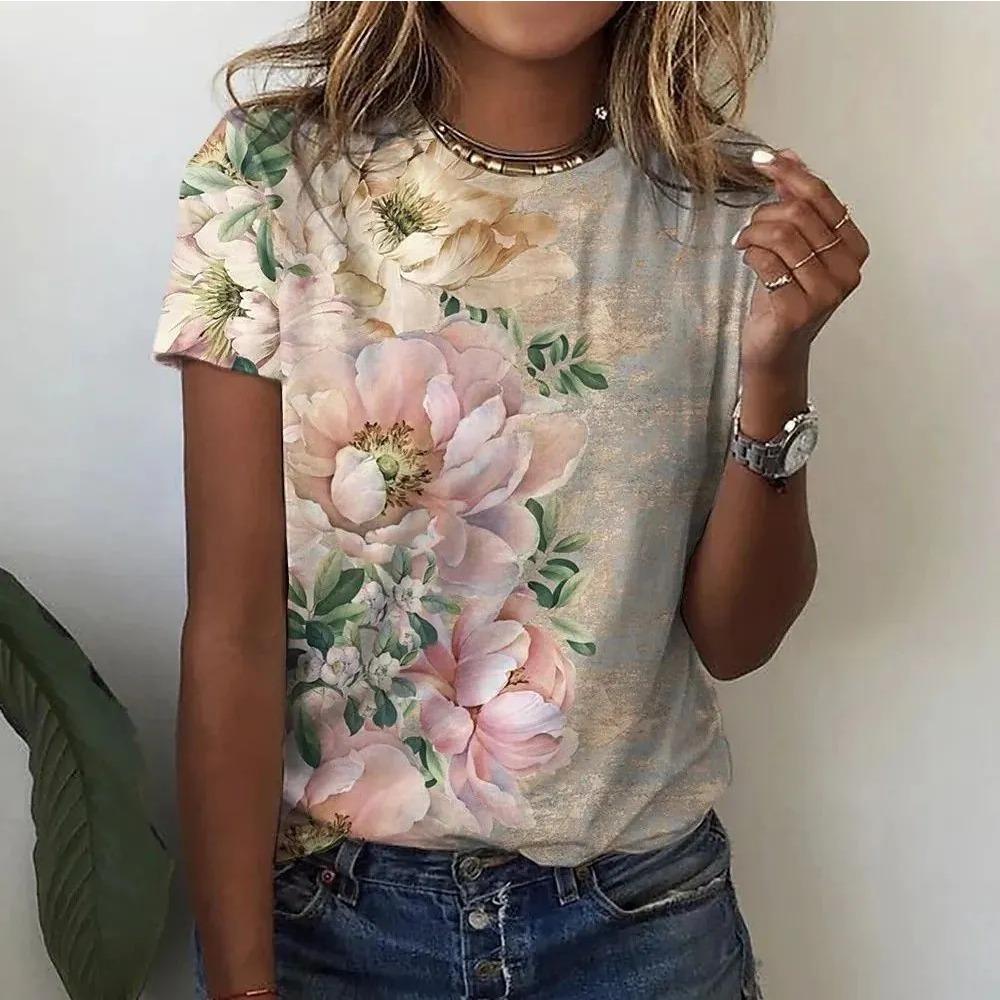 Summer Round Neck Flower Pattern 3D Print Top Fashionable Casual Short Sleeved Women's T-shirts