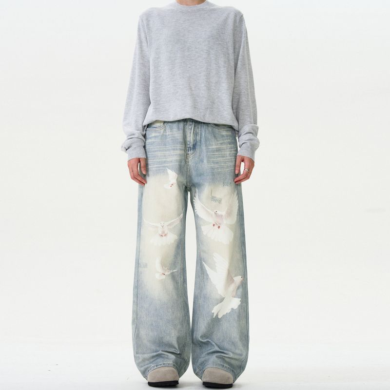 

Madwitch American Original Design Peace Dove Washed Jeans Unisex Loose Casual Vintage Pants Blue L