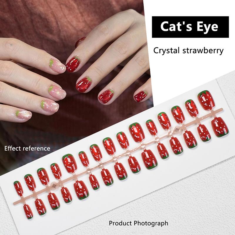 30Pcs Cat Eye False Nails Wearing Armor Wearable Watermelon Strawberry Fake Nails Simple Artificial Press On Nails Tips Nail Art