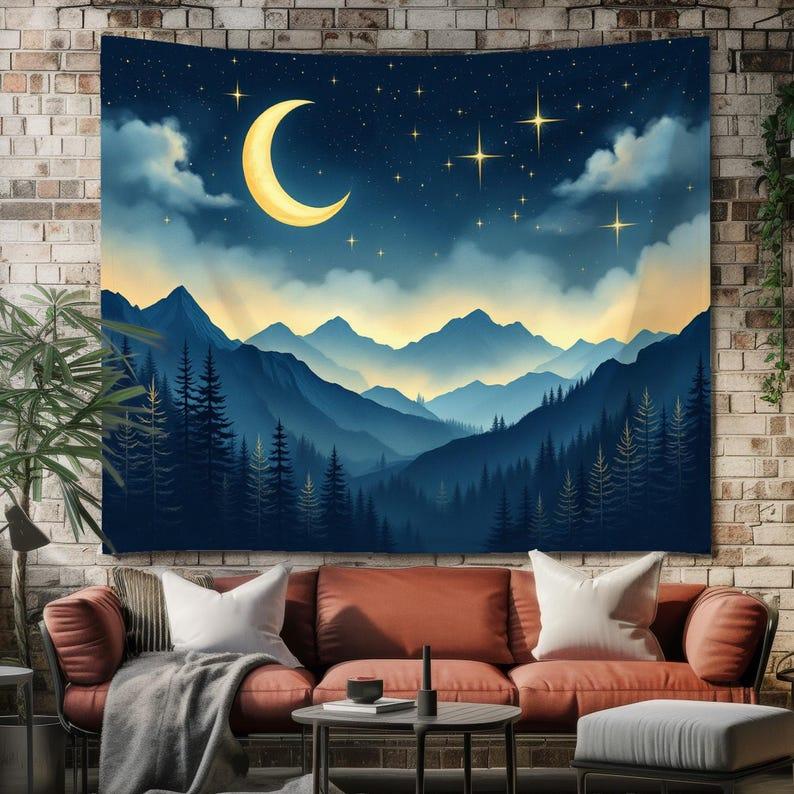 Crescent Moon Mountain Night Sky Forest tapestry 75x100 чёрный