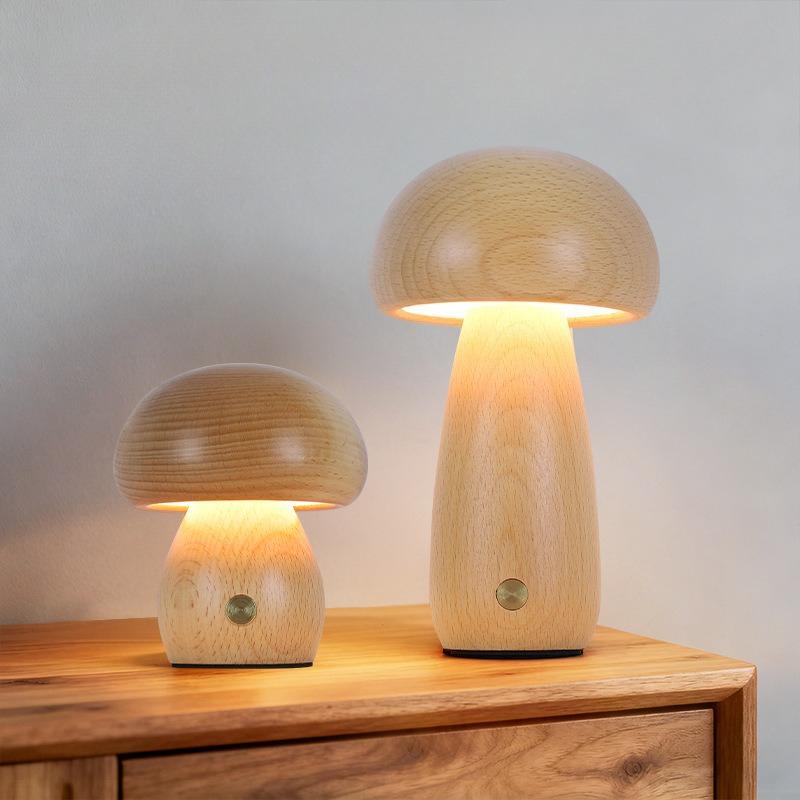 1Pc Ns Solid Wood Mushroom Desk Lamp LED Charging Night Light Creative Gift Desk Lamp Bedroom Simple Touch Atmosphere