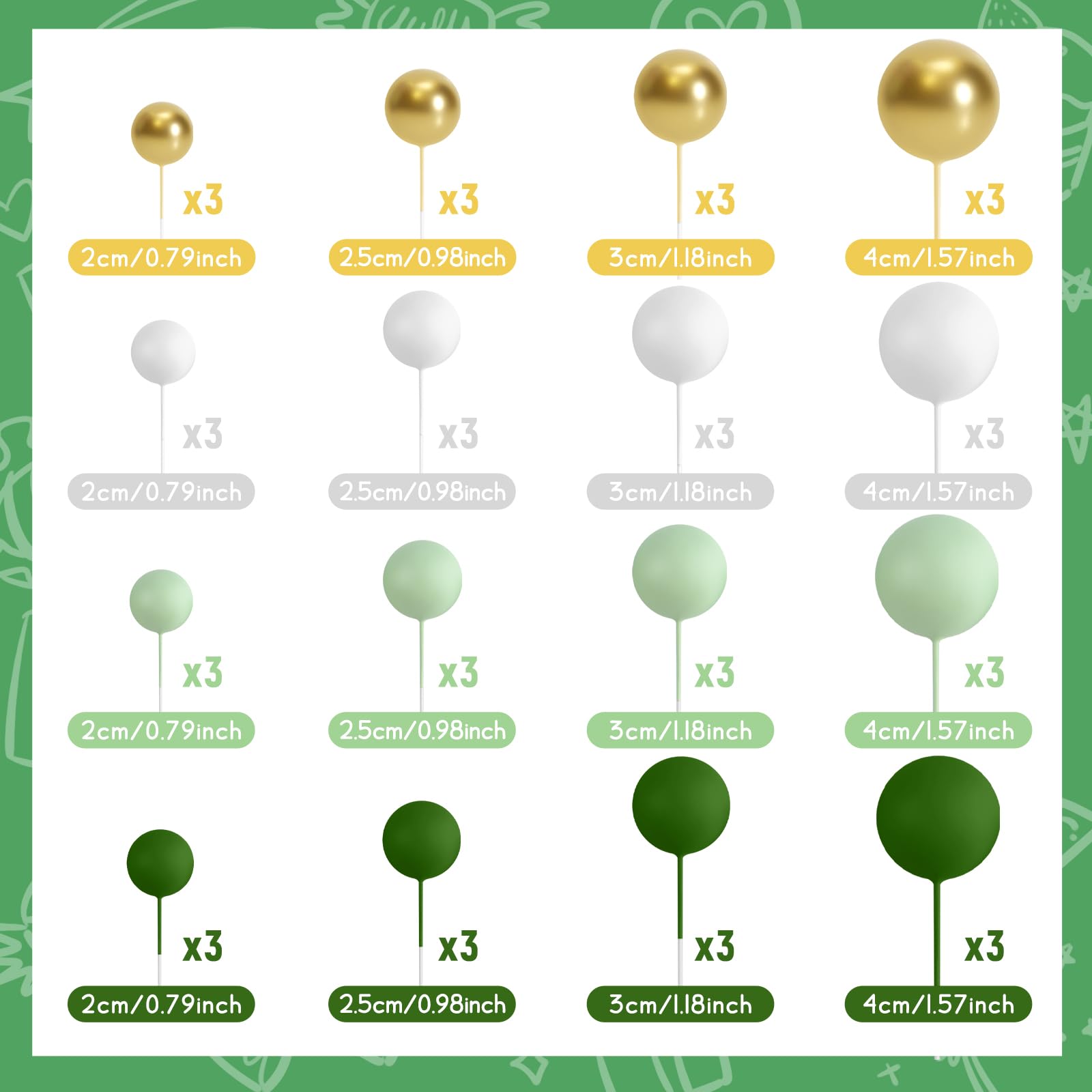 48pcs Green Cake Decorations Balls Cake Topper for Birthday Party Wedding Cake Decorating (Green, Light Green, White, Gold)