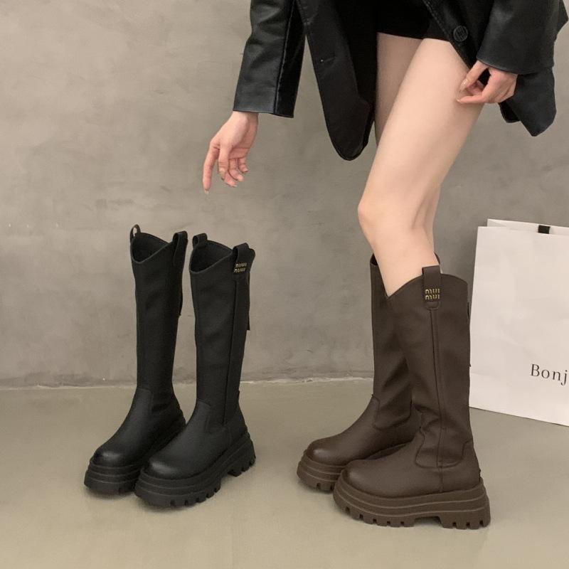 Thick-soled Heightening Boots Women's 2025 New Autumn and Winter Thin But Knee Boots Knight Boots Black High Boots