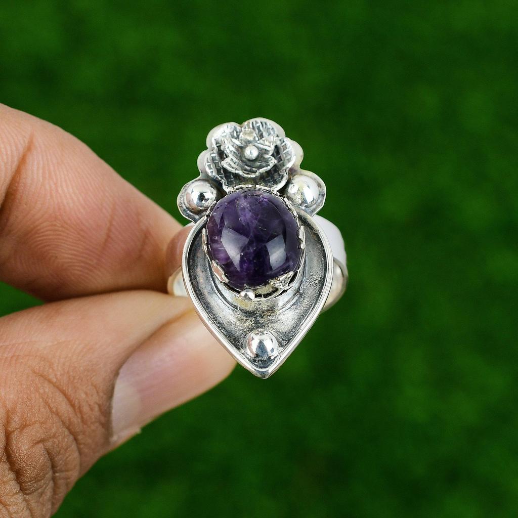 925 Silver Natural African Amethyst Multi Stone Flower Adjustable Ring