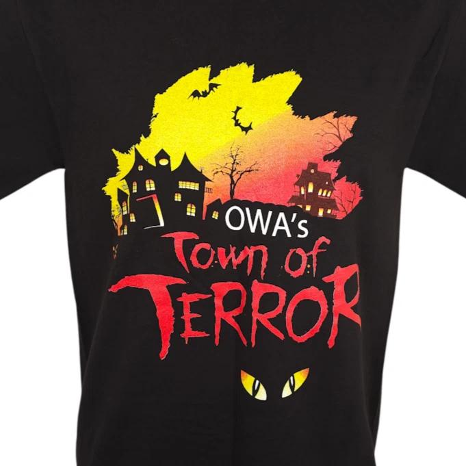 

OWAs Town Of Terror 100% Cotton T-shirt Mens Tees Top Mens Size Small Black Halloween Horror Attraction S
