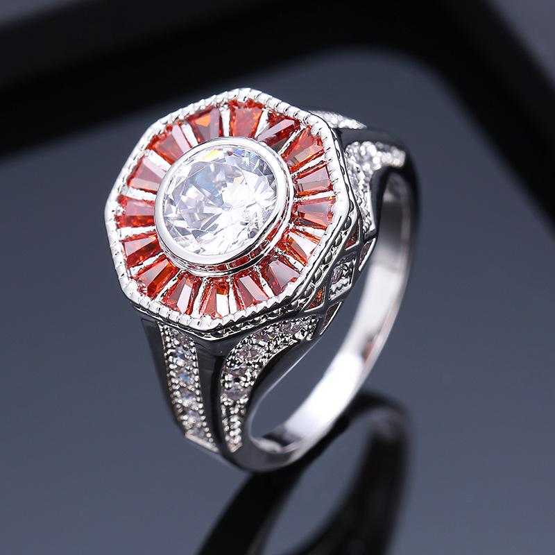 Octagonal Rhinestone Inlaid Copper Ring: European Style, Engraved Lace Design, Women s Jewelry Size 8